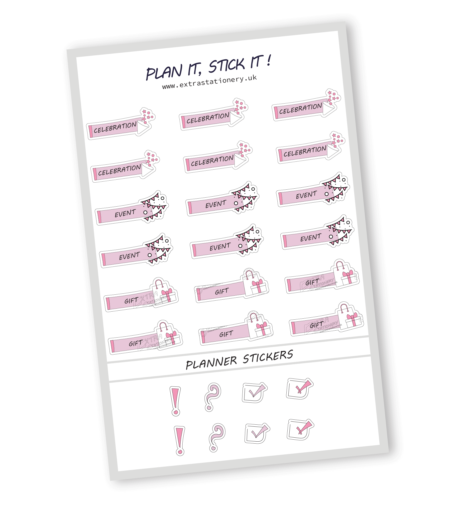 Rose Fusion color, planner sticker sheet with celebration, event, and gift stickers - 18 stickers in total (6 of each type)