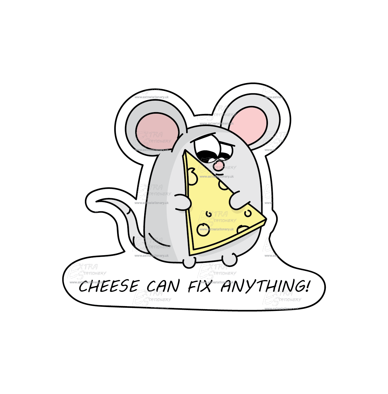 Darling mouse holding a large piece of cheese sticker, celebrating the joy of savouring life's treasures.