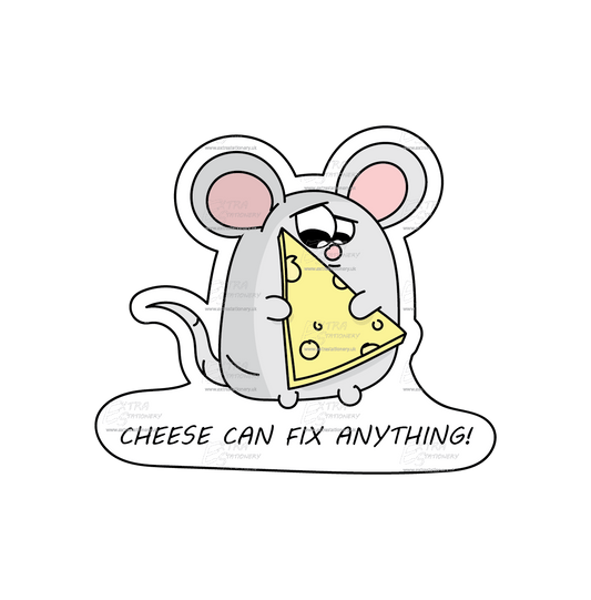 Darling mouse holding a large piece of cheese sticker, celebrating the joy of savouring life's treasures.