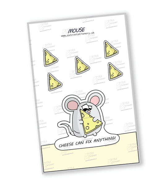 Darling mouse holding a large piece of cheese sticker, celebrating the joy of savouring life's treasures.