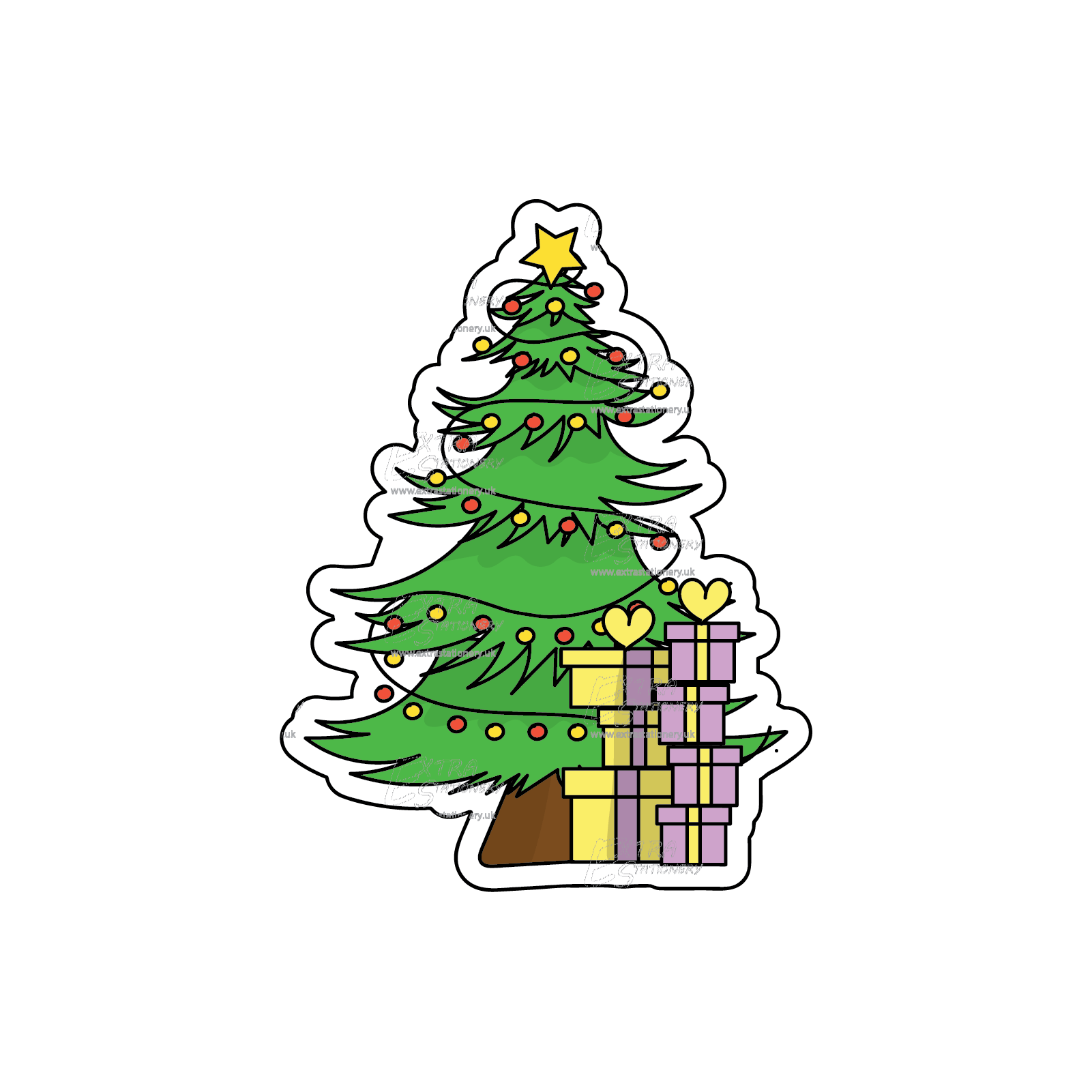 A sticker showcasing a Christmas tree adorned with a colorful array of presents underneath, evoking the joy of gift-giving.