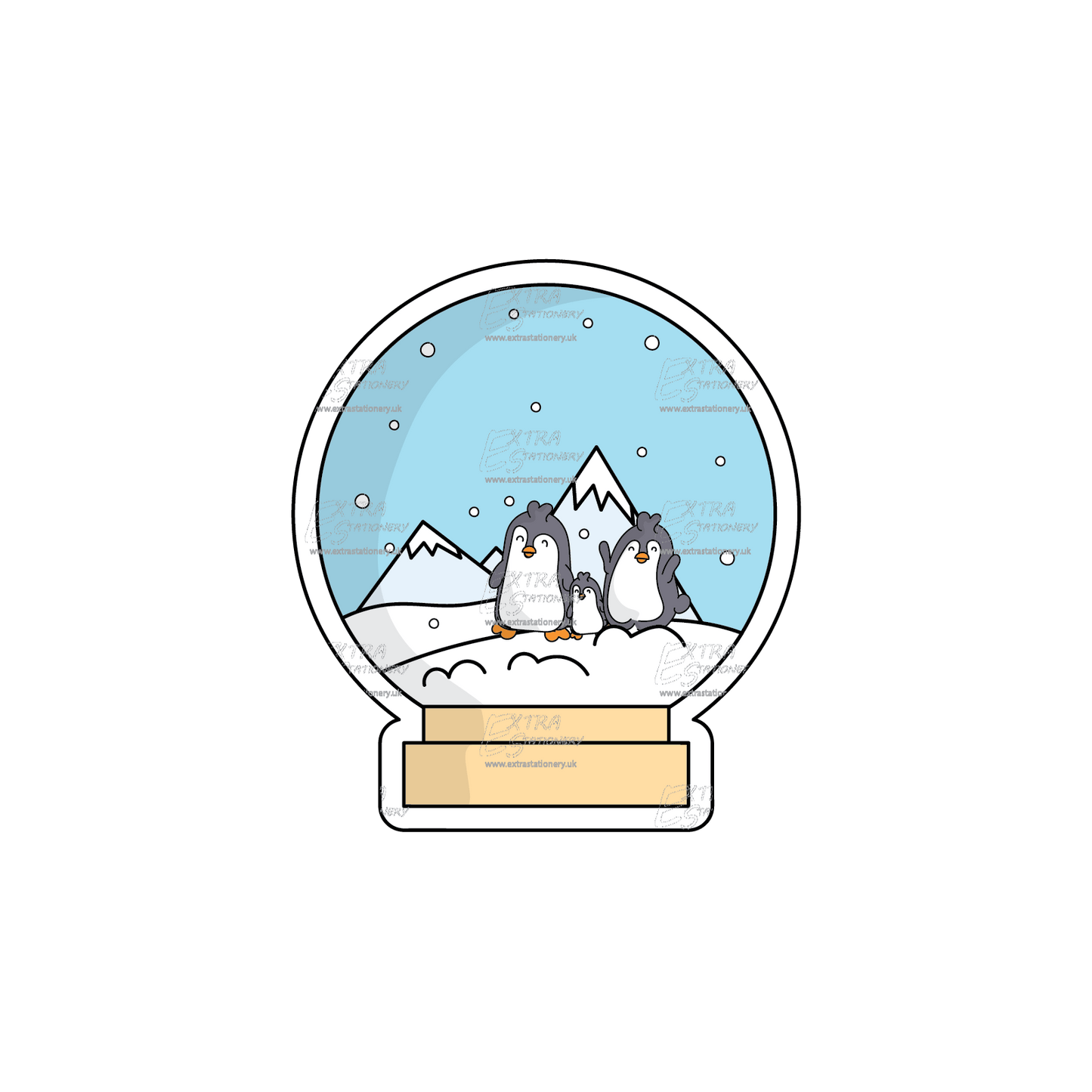 A sticker displaying a charming snow globe with a penguin family inside, capturing a heartwarming Christmas scene.