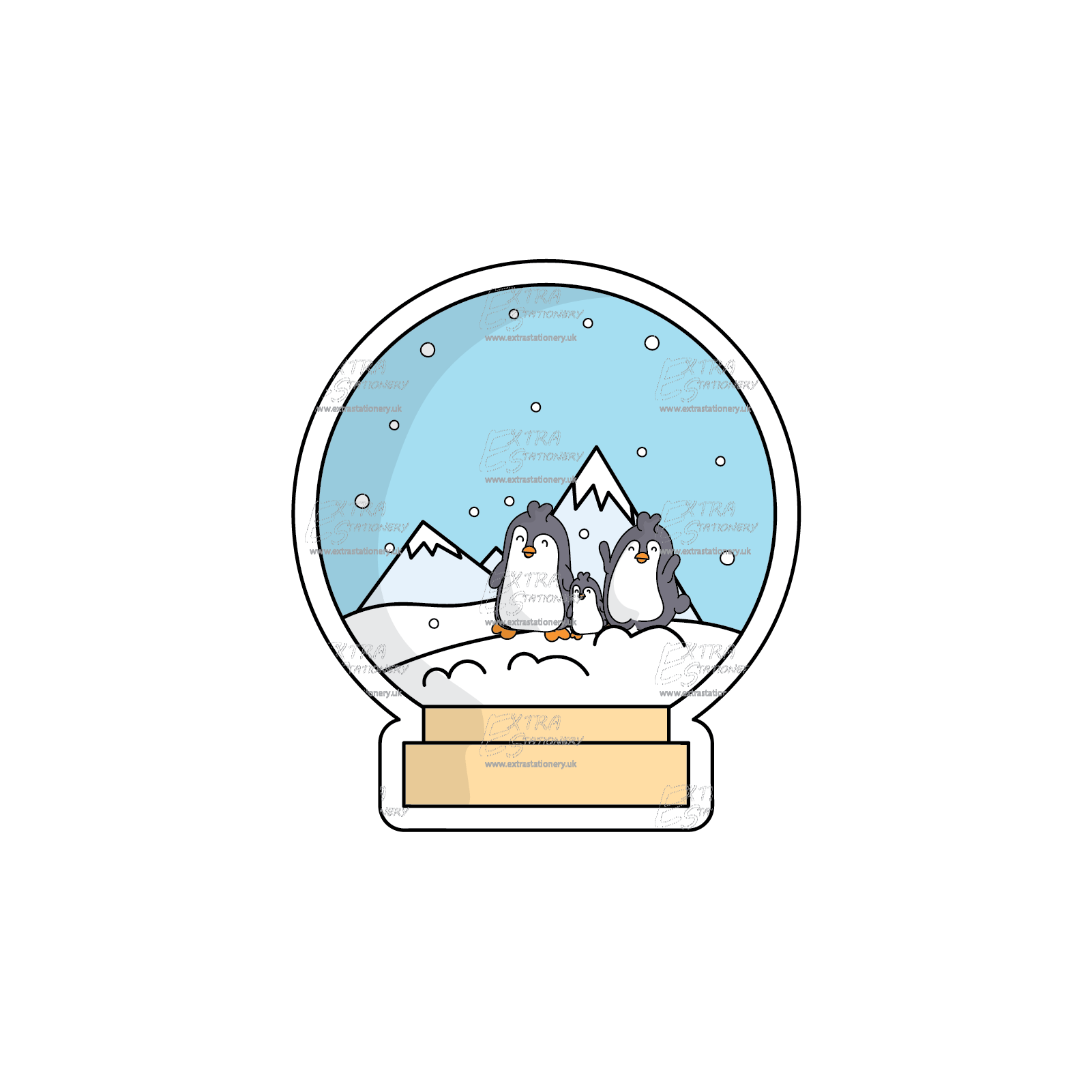 A sticker displaying a charming snow globe with a penguin family inside, capturing a heartwarming Christmas scene.