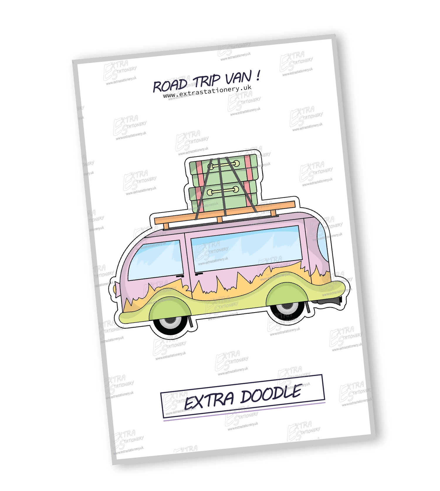 Sticker of a funky and colorful holiday van with two luggage cases on top, exuding summer vibes and the thrill of adventure.