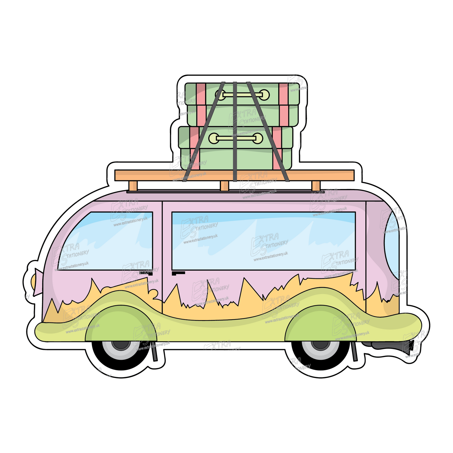 Sticker of a funky and colorful holiday van with two luggage cases on top, exuding summer vibes and the thrill of adventure.