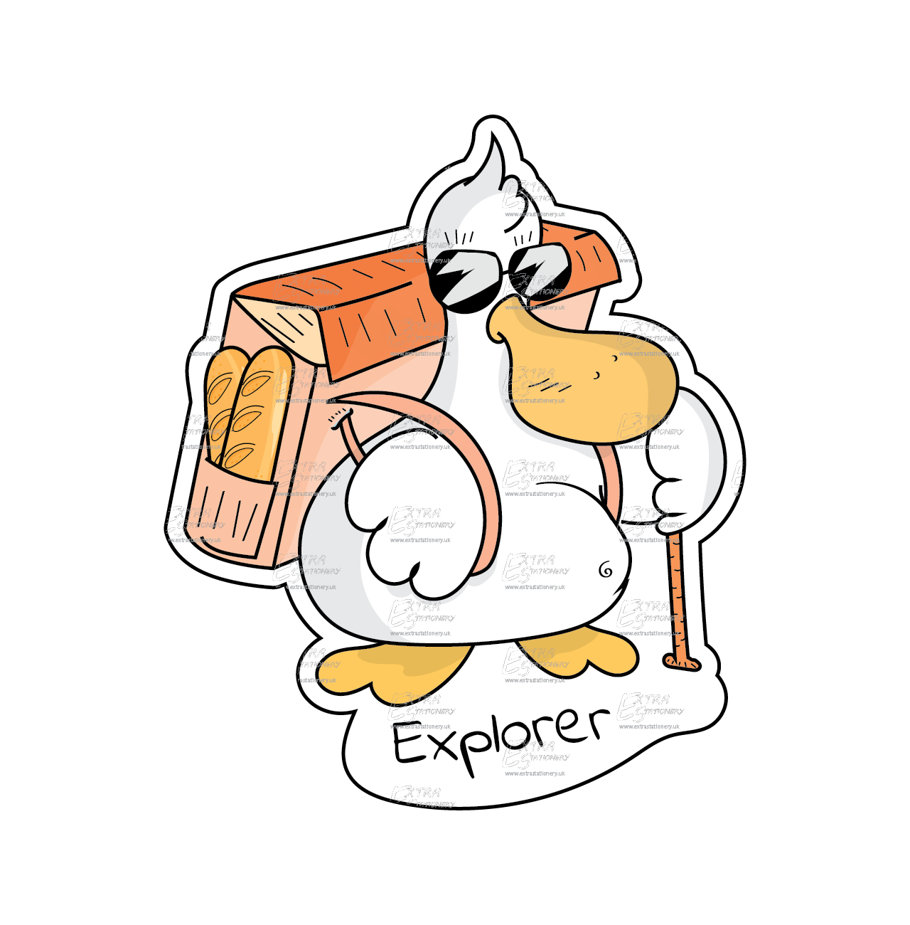 A sticker of a very cool duck explorer wearing sunglasses, carrying a walking stick, and a backpack filled with baguettes, labeled 'Explorer'