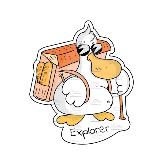 A sticker of a very cool duck explorer wearing sunglasses, carrying a walking stick, and a backpack filled with baguettes, labeled 'Explorer'