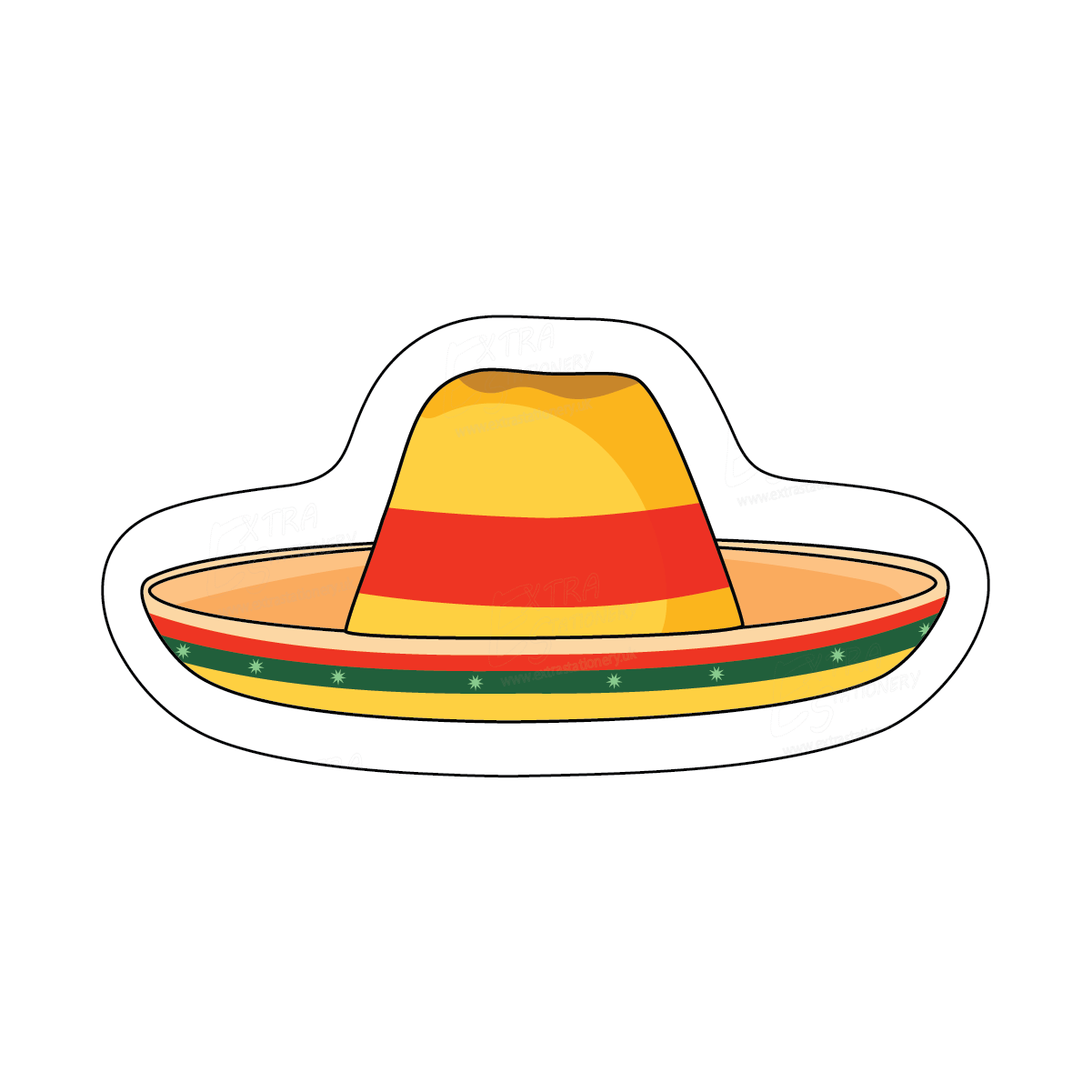 Sticker of a corgi puppy on a summer vacation, sporting a Mexican hat sombrero and stylish sunglasses, radiating vacation charm.