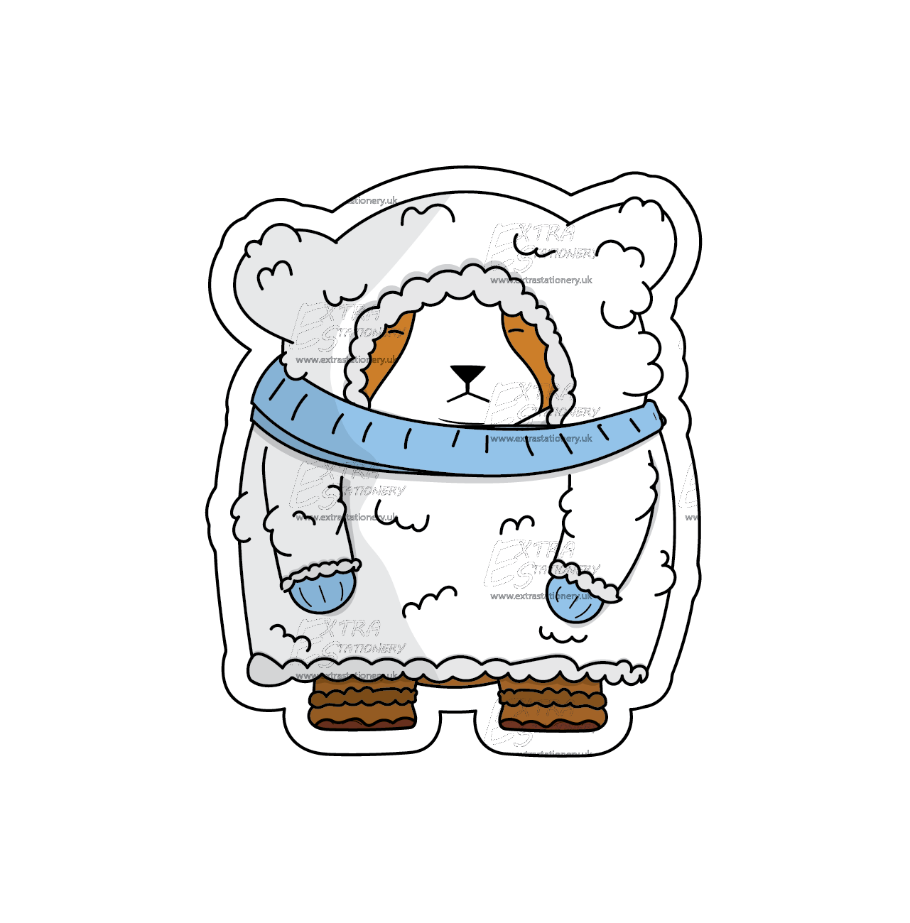 Sticker of a corgi puppy in a cozy Eskimo winter outfit, featuring a white and blue scarf, blue gloves, and stylish brown shoes, radiating winter charm.