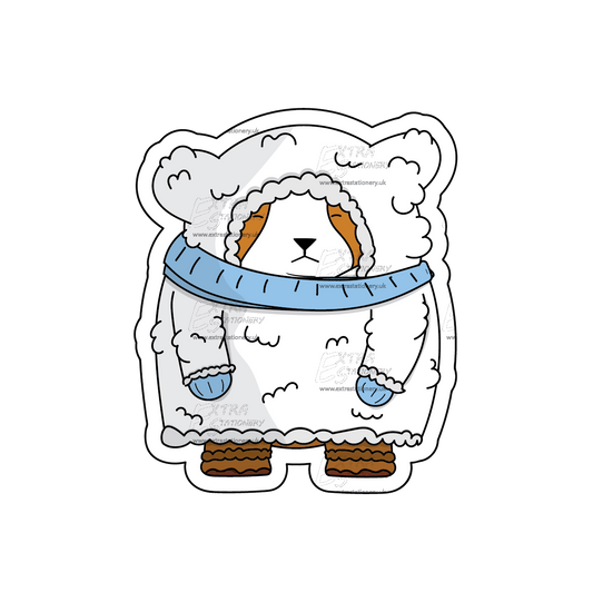 Sticker of a corgi puppy in a cozy Eskimo winter outfit, featuring a white and blue scarf, blue gloves, and stylish brown shoes, radiating winter charm.