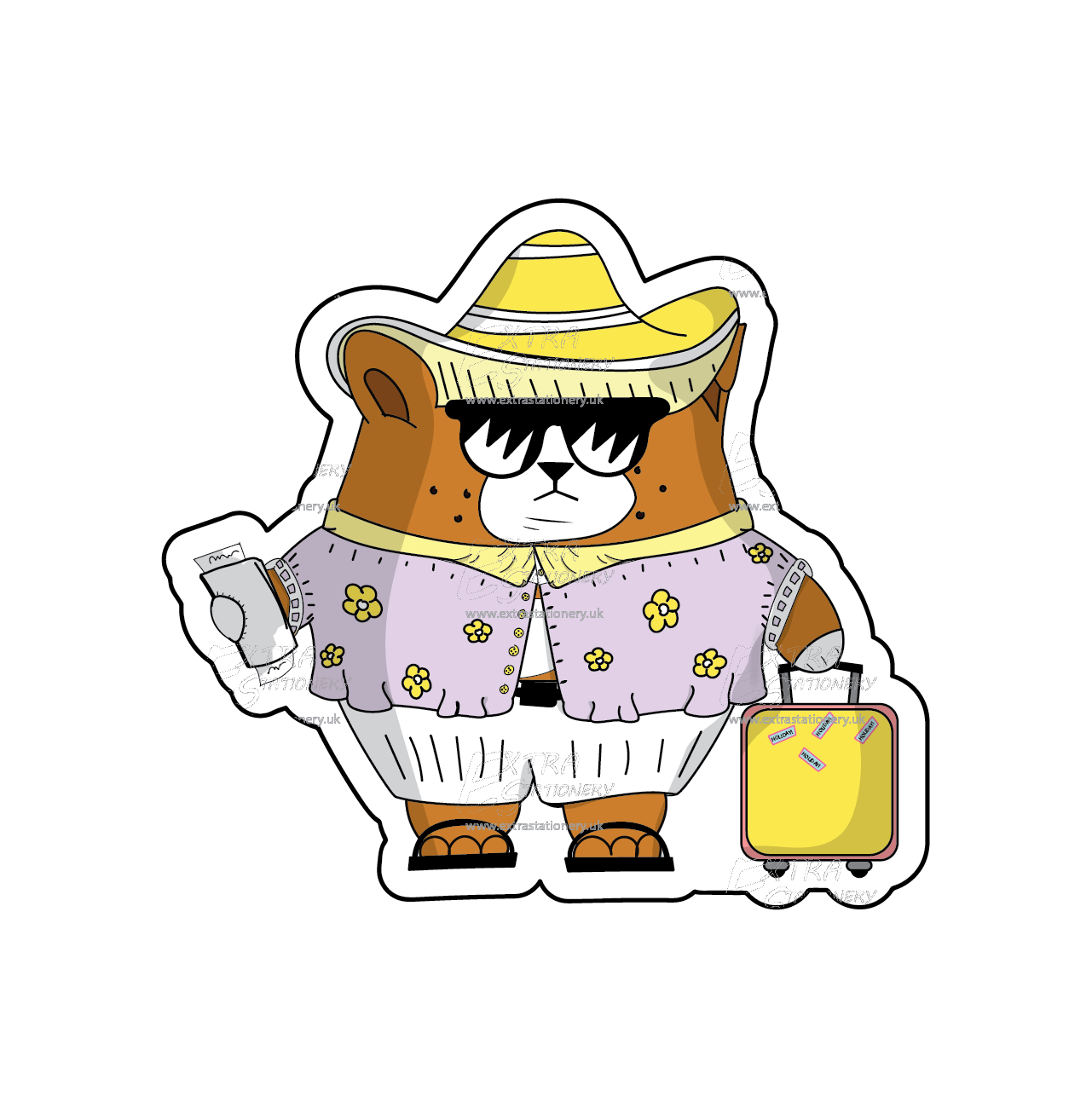 Sticker of a corgi puppy on a summer vacation, sporting a Mexican hat sombrero and stylish sunglasses, radiating vacation charm.