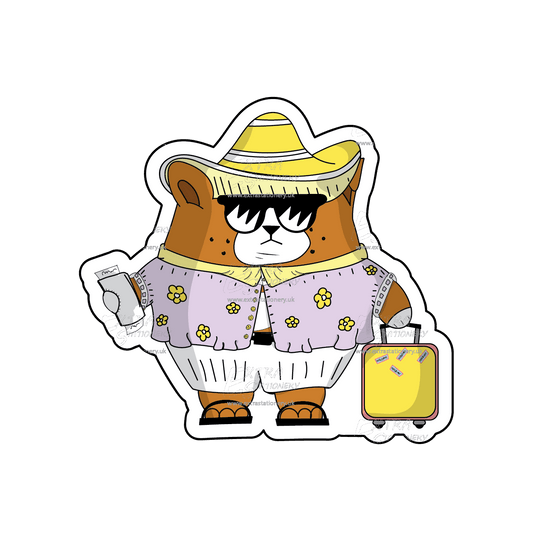 Sticker of a corgi puppy on a summer vacation, sporting a Mexican hat sombrero and stylish sunglasses, radiating vacation charm.