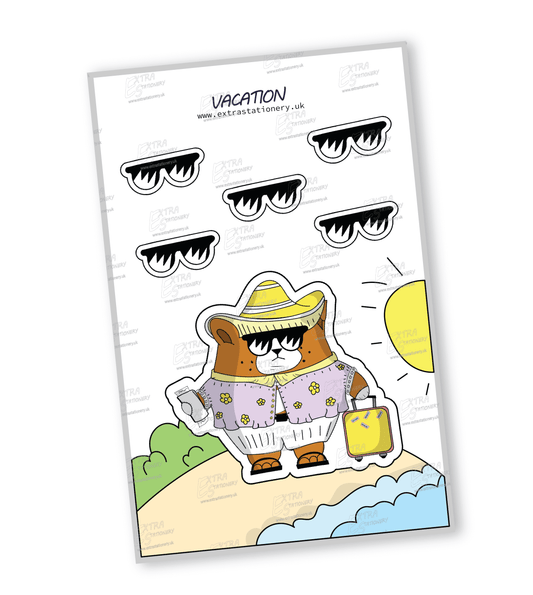 Sticker of a corgi puppy on a summer vacation, sporting a Mexican hat sombrero and stylish sunglasses, radiating vacation charm.