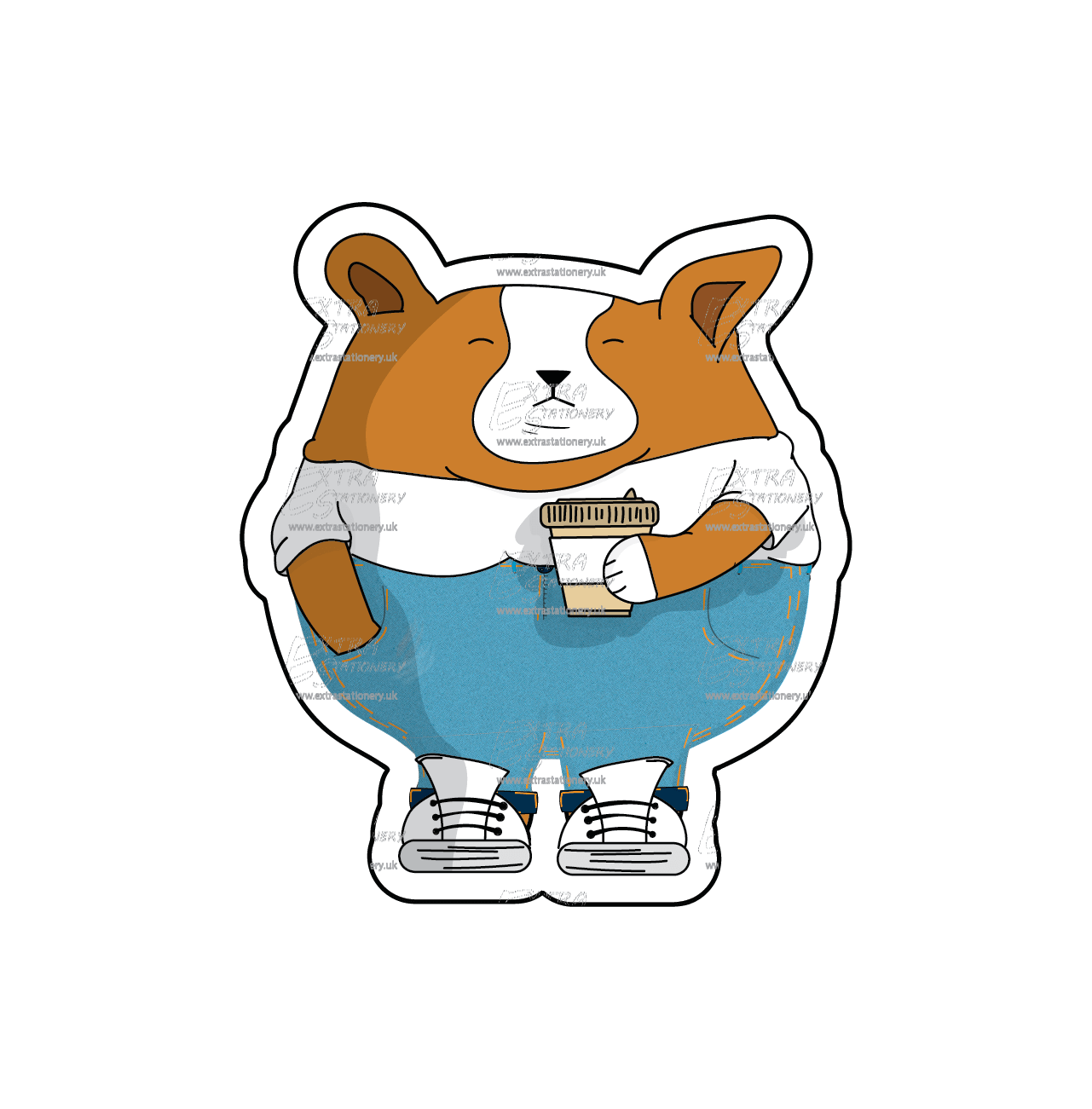 Sticker of a cute corgi puppy holding a cup of coffee, dressed in stylish blue jeans, white trainers, and a white t-shirt, embodying casual chic charm.