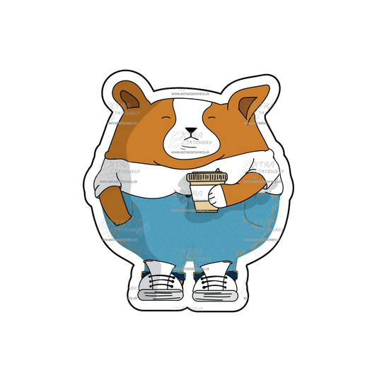 Sticker of a cute corgi puppy holding a cup of coffee, dressed in stylish blue jeans, white trainers, and a white t-shirt, embodying casual chic charm.