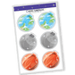 Adventurous and colorful sticker set of the solar system's nine planets and Moon, each with unique playful designs and cute expressions, perfect for adding a cosmic touch to any item.