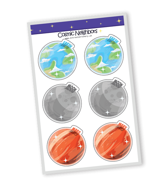 Adventurous and colorful sticker set of the solar system's nine planets and Moon, each with unique playful designs and cute expressions, perfect for adding a cosmic touch to any item.