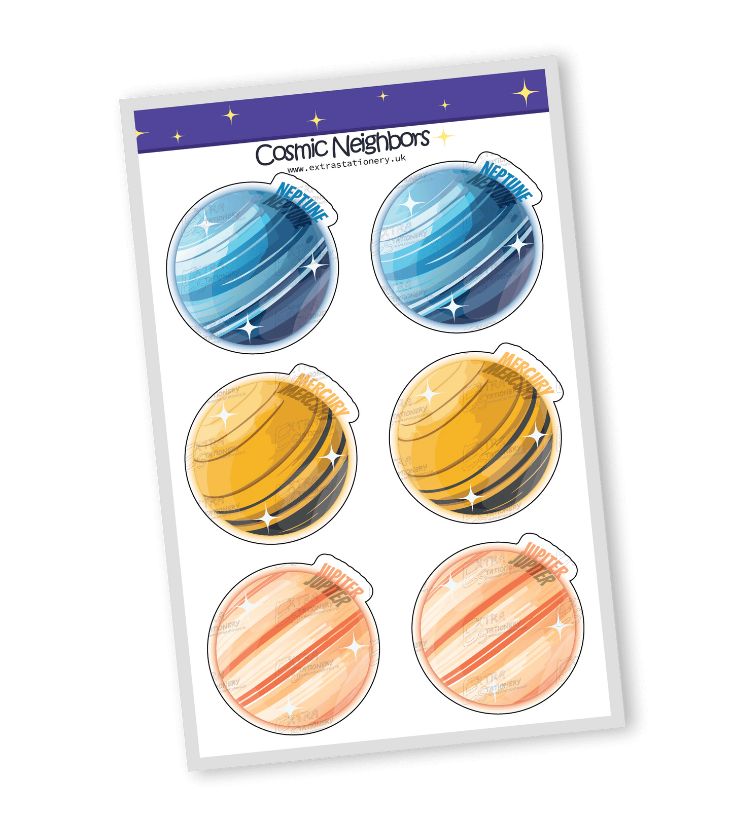 Adventurous and colorful sticker set of the solar system's nine planets and Moon, each with unique playful designs and cute expressions, perfect for adding a cosmic touch to any item.