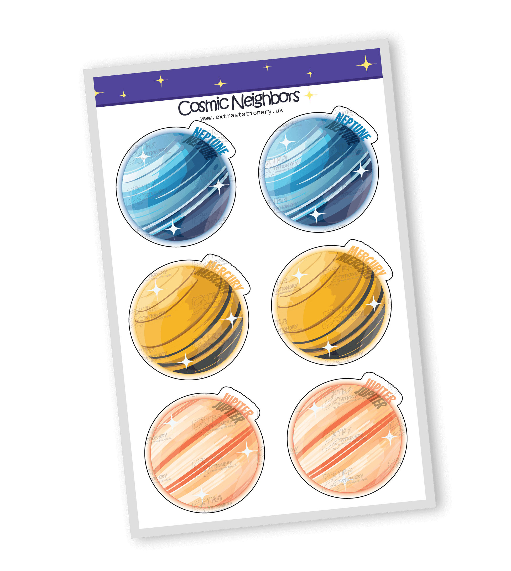 Adventurous and colorful sticker set of the solar system's nine planets and Moon, each with unique playful designs and cute expressions, perfect for adding a cosmic touch to any item.