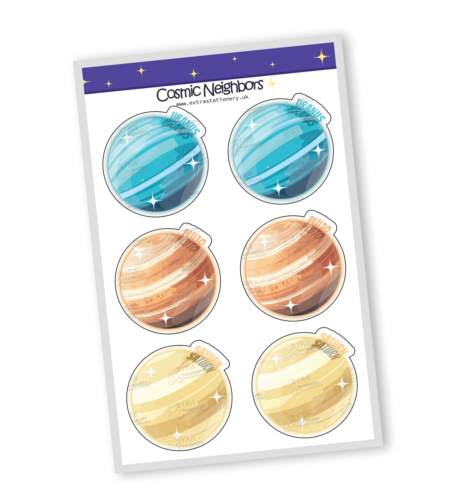 Adventurous and colorful sticker set of the solar system's nine planets and Moon, each with unique playful designs and cute expressions, perfect for adding a cosmic touch to any item.