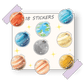 Adventurous and colorful sticker set of the solar system's nine planets and Moon, each with unique playful designs and cute expressions, perfect for adding a cosmic touch to any item.