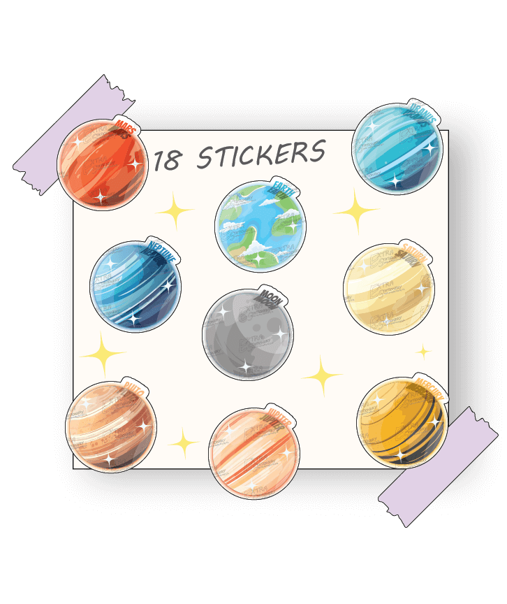 Adventurous and colorful sticker set of the solar system's nine planets and Moon, each with unique playful designs and cute expressions, perfect for adding a cosmic touch to any item.