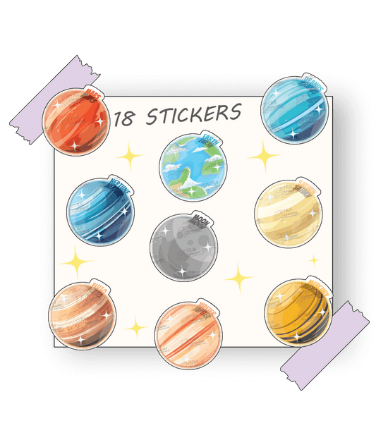 Adventurous and colorful sticker set of the solar system's nine planets and Moon, each with unique playful designs and cute expressions, perfect for adding a cosmic touch to any item.