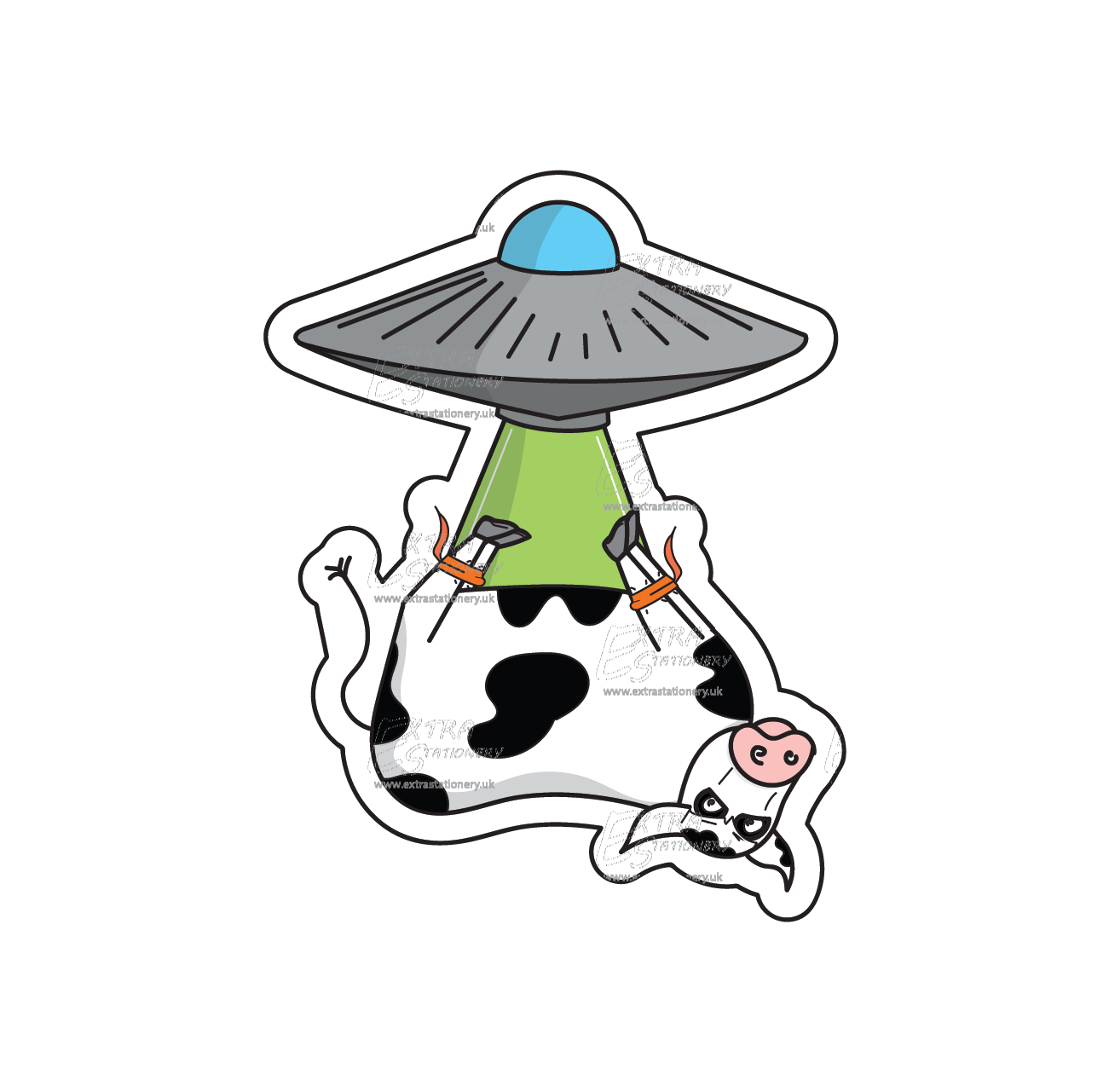 Sticker of a cow being abducted by aliens, suspended upside down with secured legs, radiating a blend of amusement and curiosity.