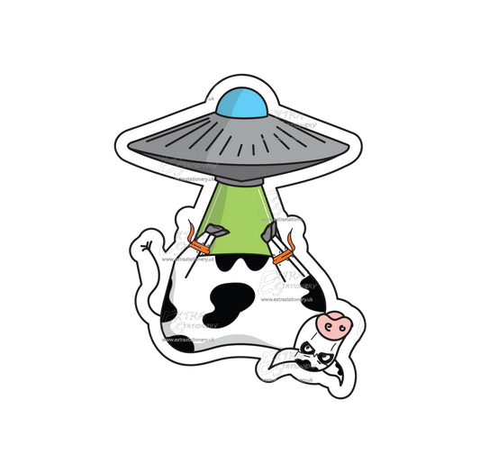 Sticker of a cow being abducted by aliens, suspended upside down with secured legs, radiating a blend of amusement and curiosity.