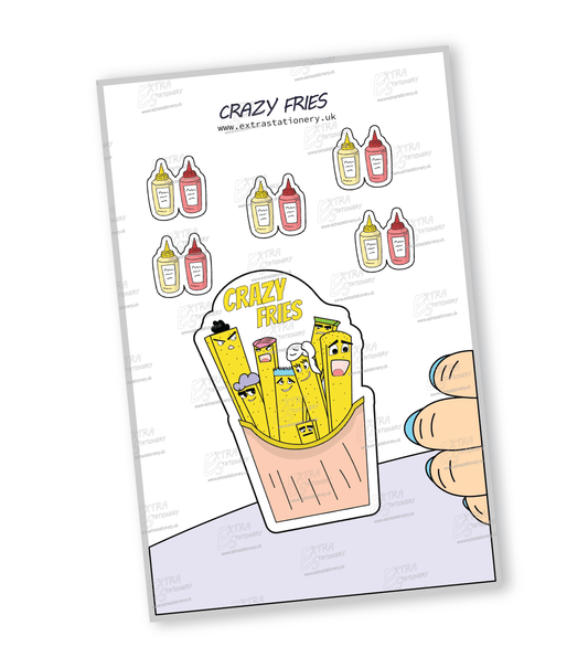 Amusing scene of fries with creative hair styles and smiles sticker, showcasing culinary whimsy