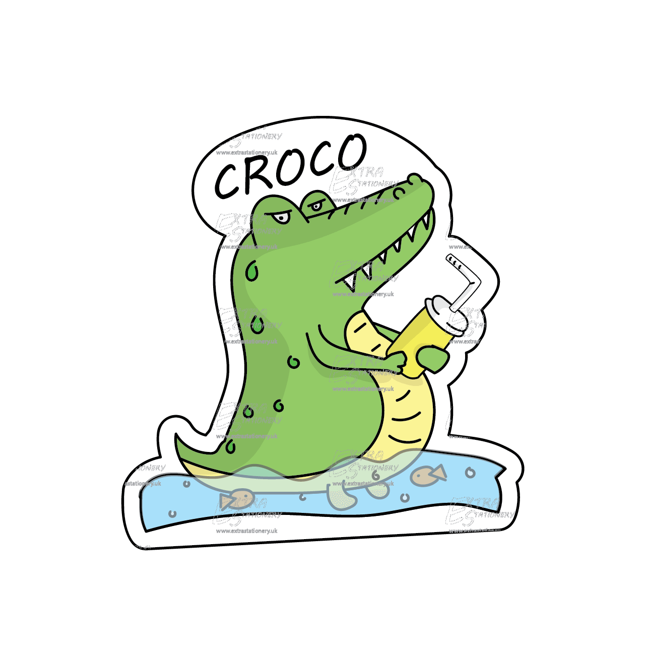 Joyful crocodile surrounded by cute fishes, holding a drink sticker, embracing a moment of happiness