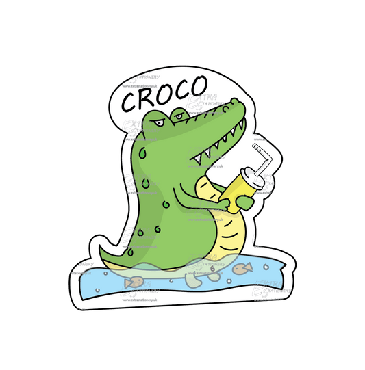 Joyful crocodile surrounded by cute fishes, holding a drink sticker, embracing a moment of happiness