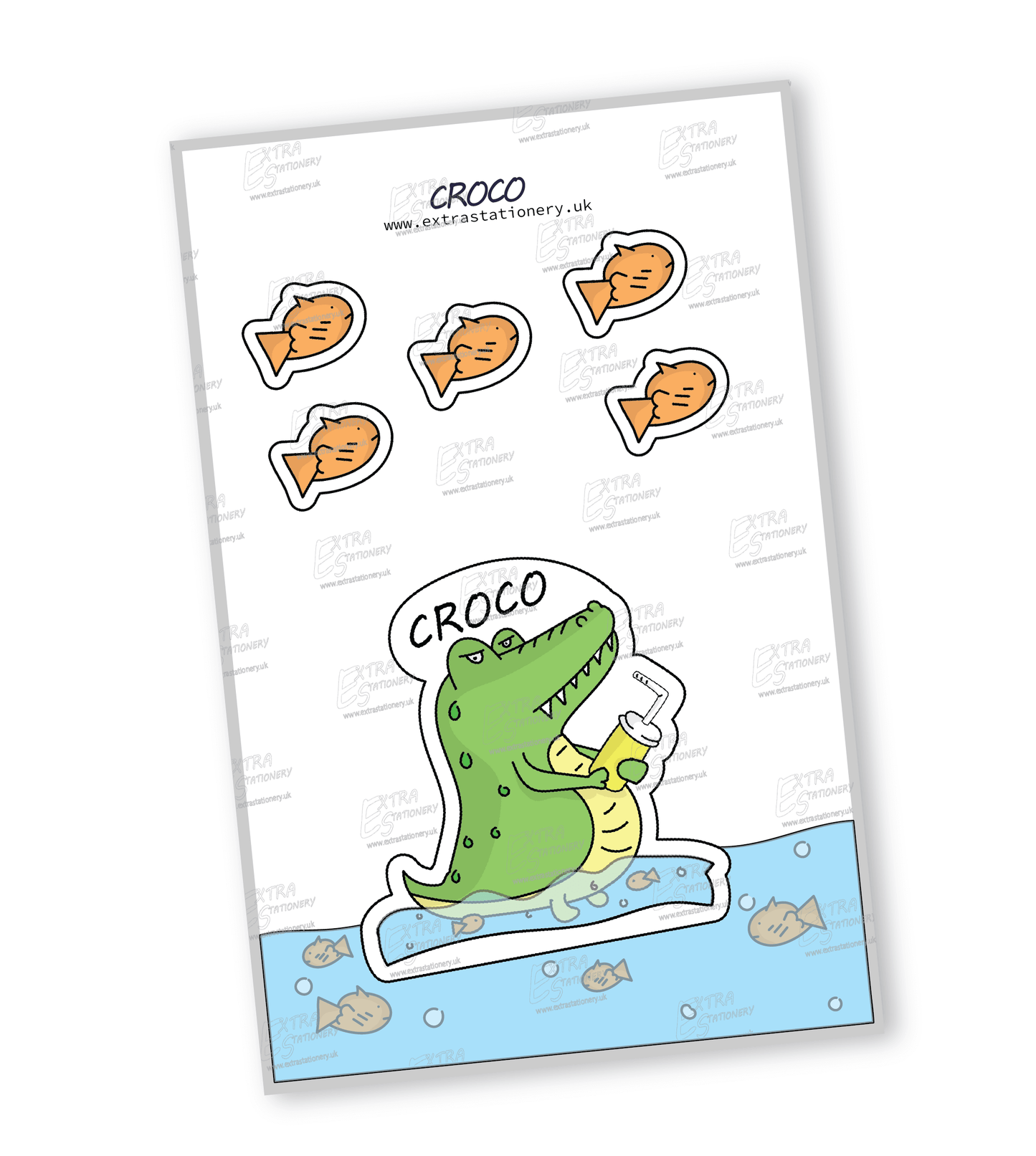 Joyful crocodile surrounded by cute fishes, holding a drink sticker, embracing a moment of happiness