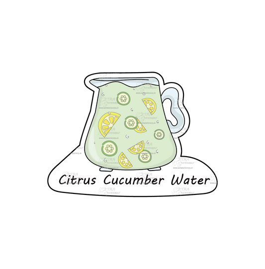 Water jug filled with cucumber and lemon-infused water sticker, offering a refreshing and revitalizing choice