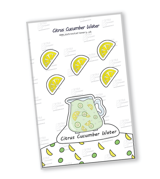 Water jug filled with cucumber and lemon-infused water sticker, offering a refreshing and revitalizing choice