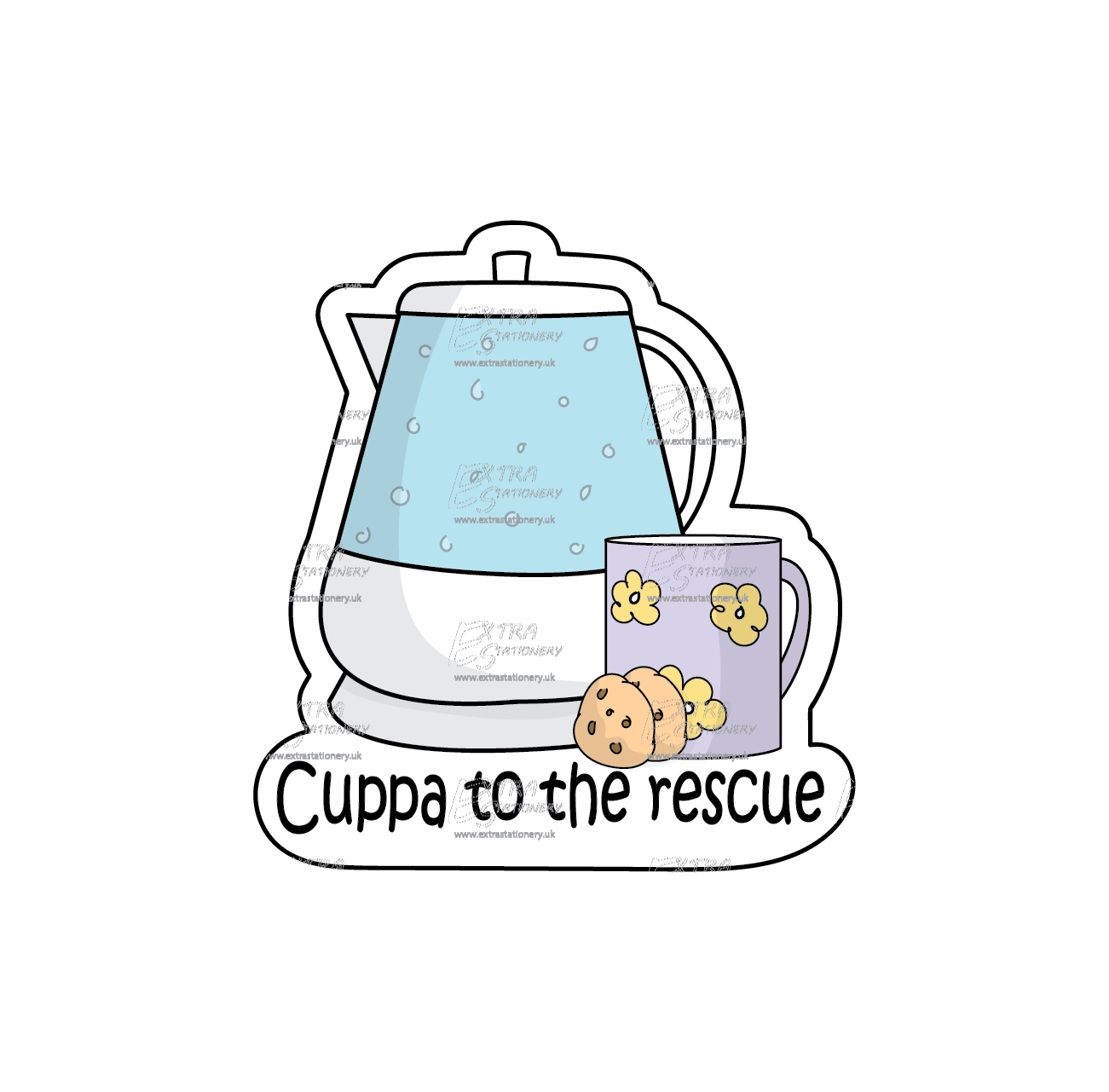 Sticker featuring a colorful classic tea set with a kettle, teacup, and cookies, accompanied by the phrase 'Cuppa to the Rescue,' radiating comfort and charm.