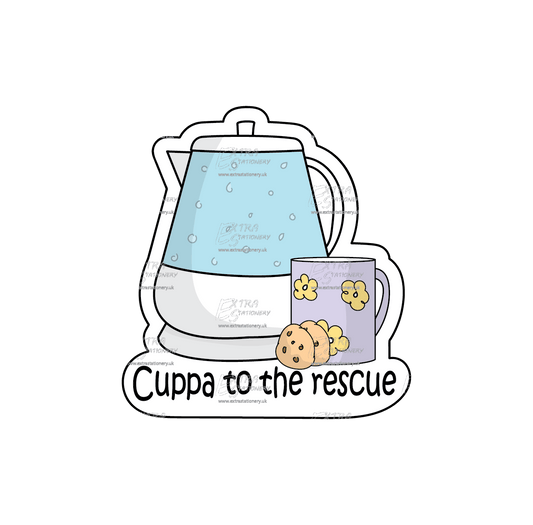 Sticker featuring a colorful classic tea set with a kettle, teacup, and cookies, accompanied by the phrase 'Cuppa to the Rescue,' radiating comfort and charm.