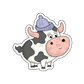 Sticker of an adorable baby cow wearing a cool hat, radiating happiness and charm with a touch of style.