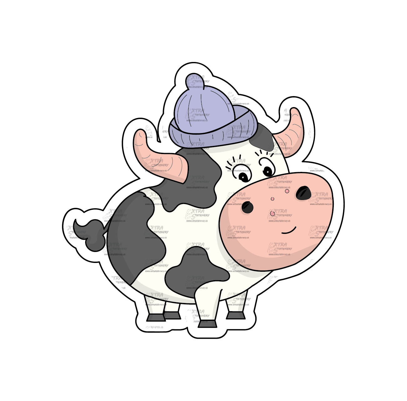 Sticker of an adorable baby cow wearing a cool hat, radiating happiness and charm with a touch of style.