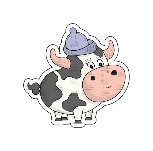 Sticker of an adorable baby cow wearing a cool hat, radiating happiness and charm with a touch of style.