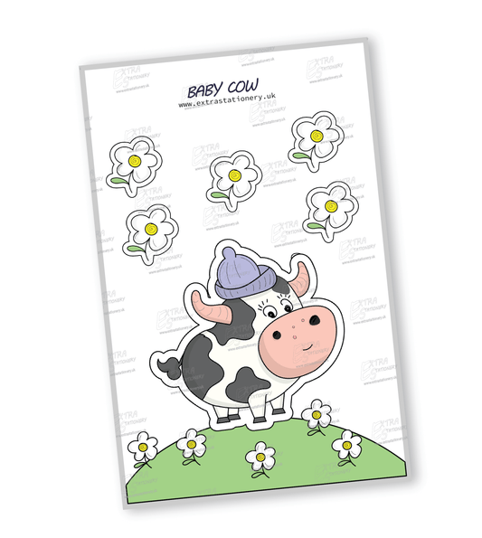 Sticker of an adorable baby cow wearing a cool hat, radiating happiness and charm with a touch of style.