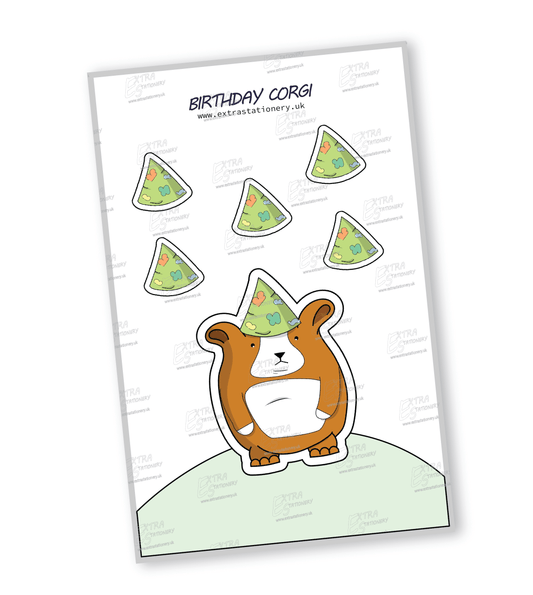 Cute corgi puppy wearing a birthday hat sticker, exuding happiness and birthday cheer.