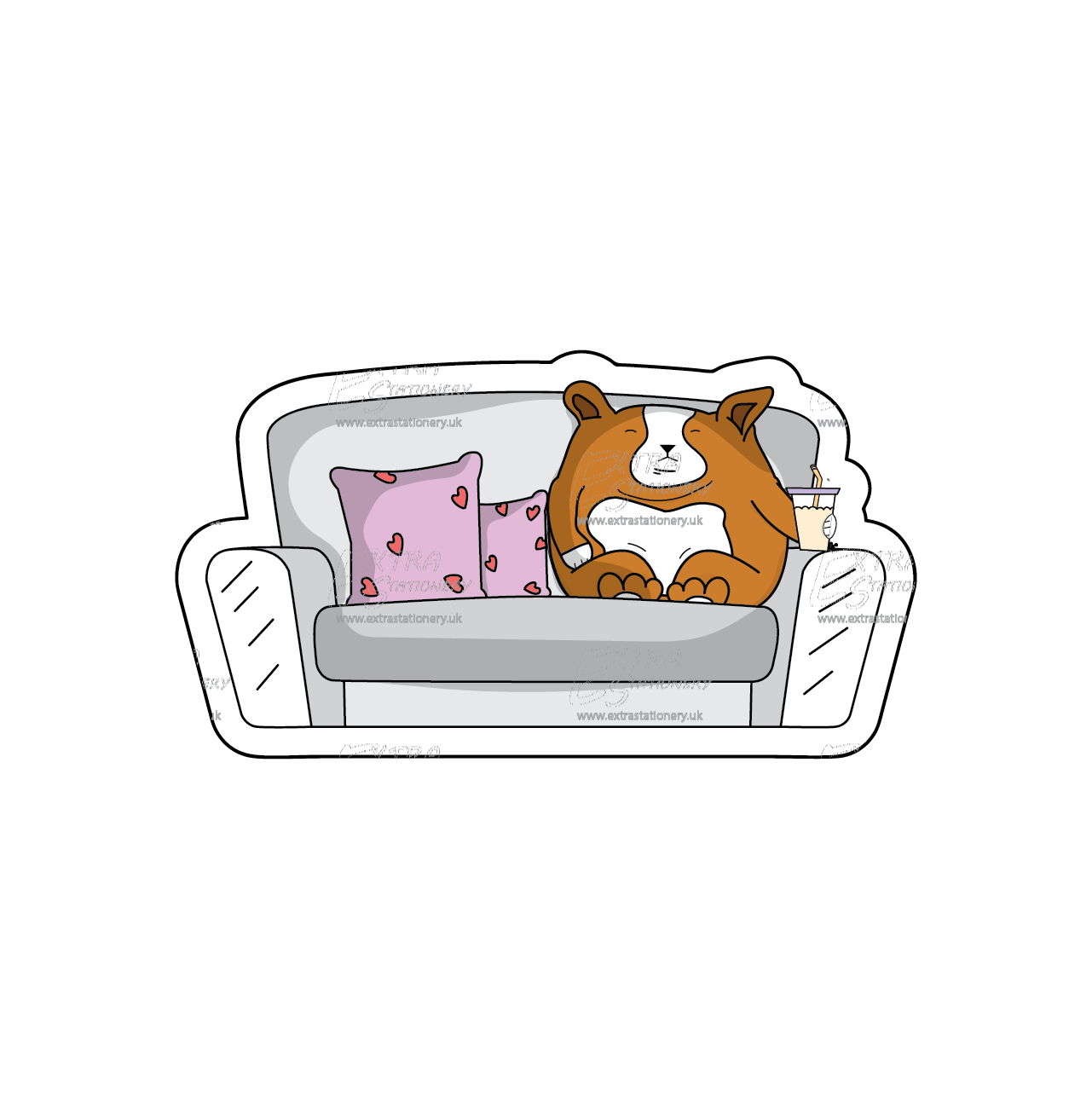 Corgi puppy on a sofa, enjoying TV time with a boba drink sticker, embracing the beauty of relaxation