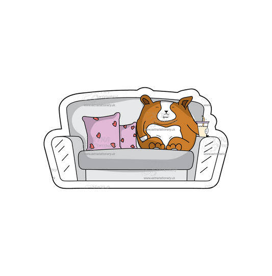 Corgi puppy on a sofa, enjoying TV time with a boba drink sticker, embracing the beauty of relaxation