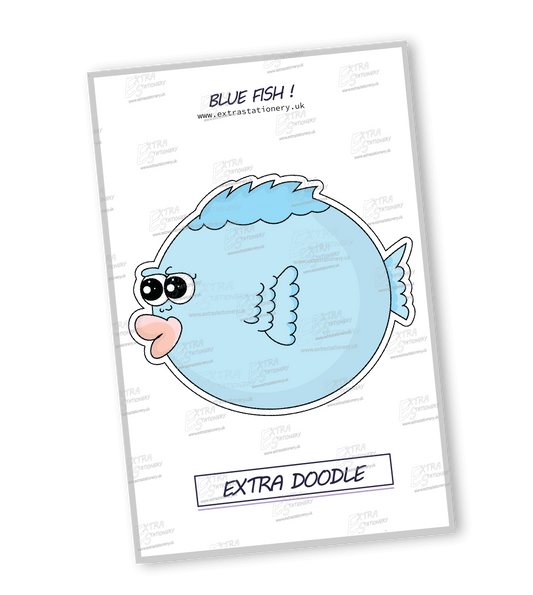 extra doodle sticker sheet, a cute blue fish gracefully swimming in the calm ocean, exuding tranquility and beauty