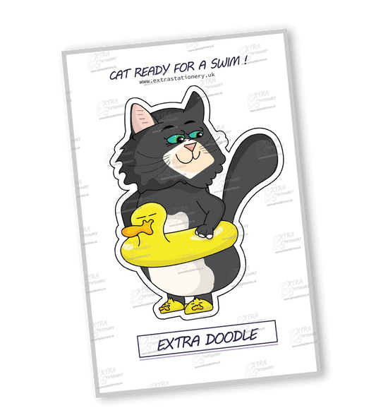 sticker, a cute cat with an inflatable duck around it and duck flip flops, ready for a playful swim in the pool.