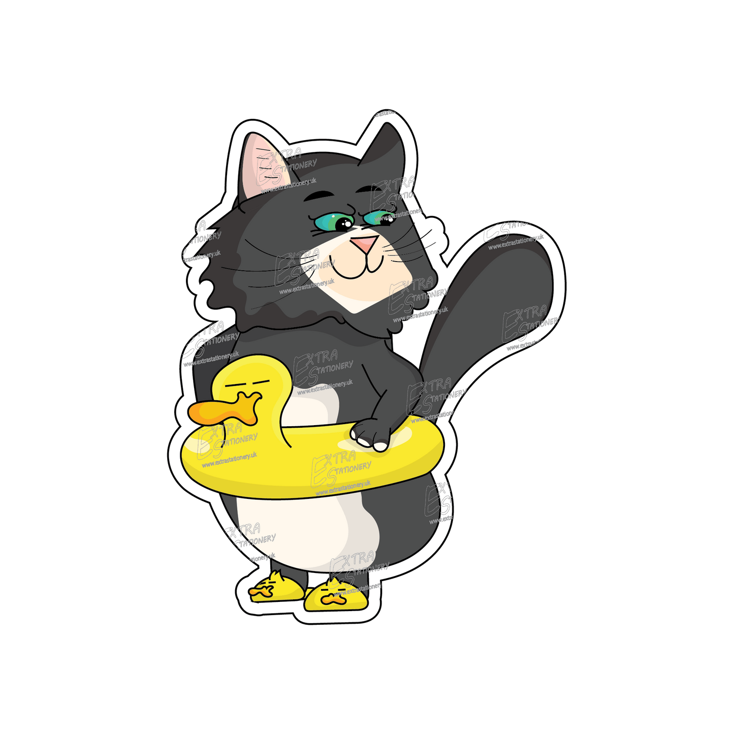 sticker, a cute cat with an inflatable duck around it and duck flip flops, ready for a playful swim in the pool.