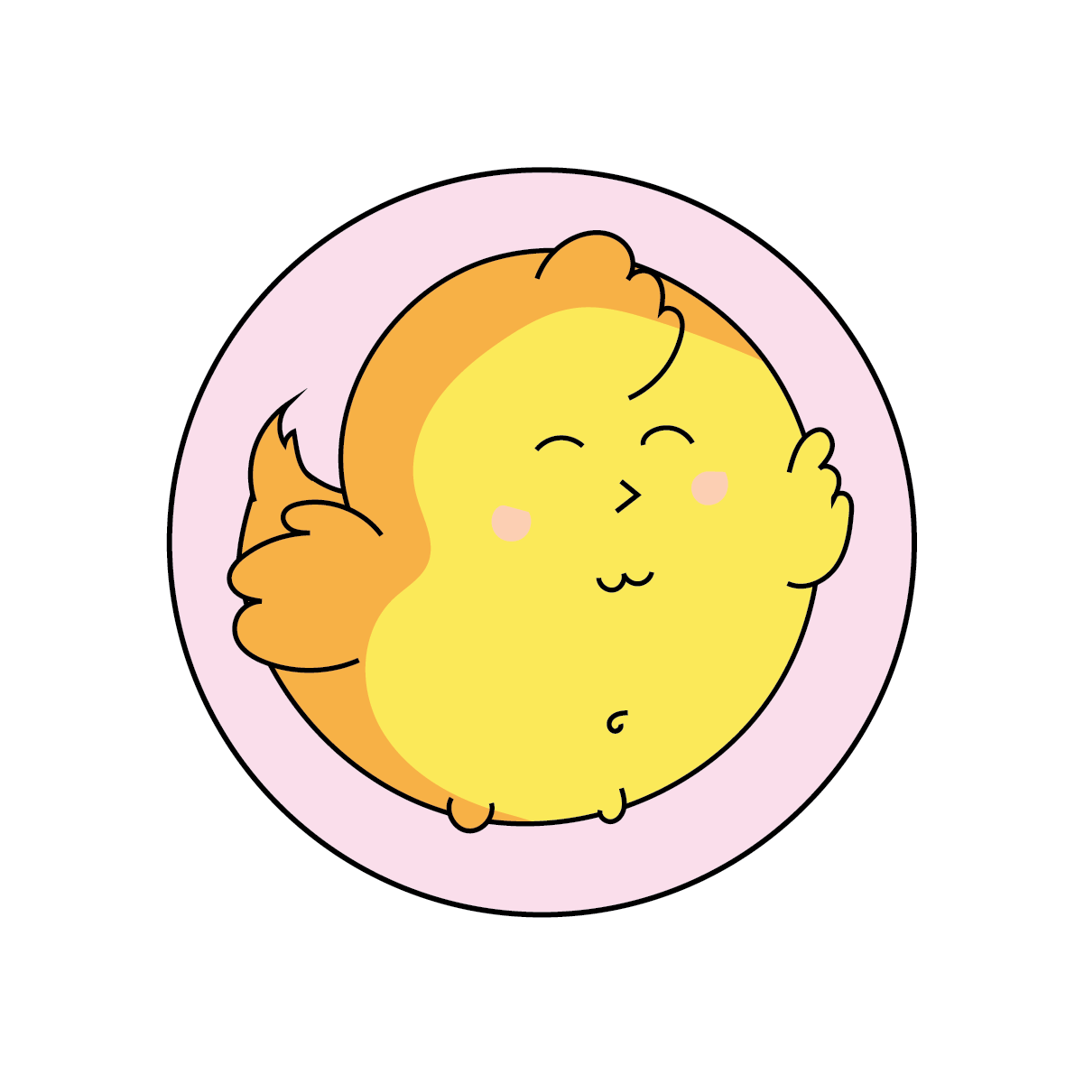 Cartoon character with a yellow body and orange wings inside a pink circle on a white background