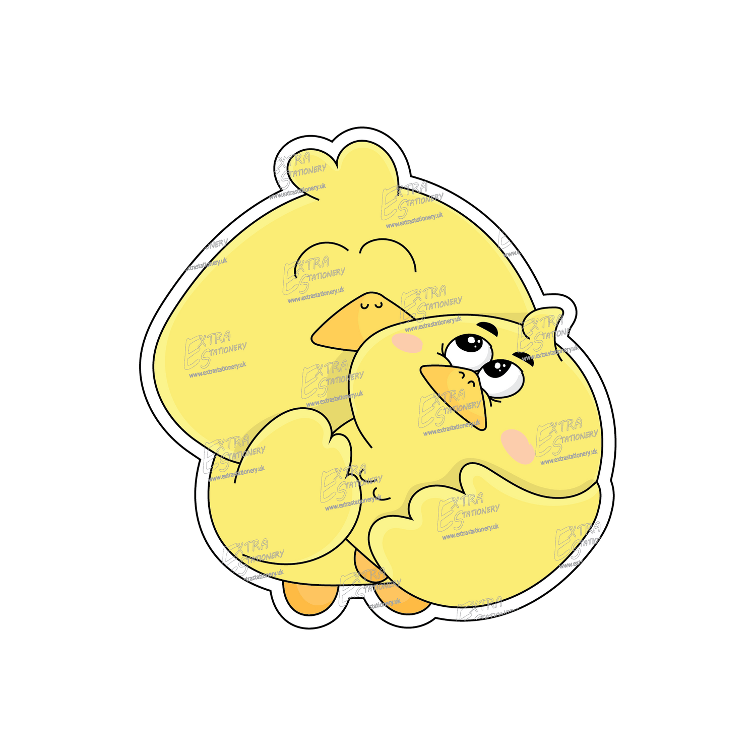 A heartwarming sticker of cute chicks expressing love and kindness, creating a cozy and uplifting atmosphere.