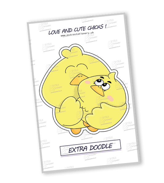 A heartwarming sticker of cute chicks expressing love and kindness, creating a cozy and uplifting atmosphere.